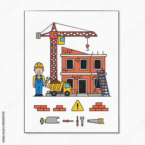 Vector illustration of a complete construction set on one sheet, including worker, helmet, crane, bricks, tools, truck, building, warning sign, ladder, flat minimal vector style, solid colors, white b