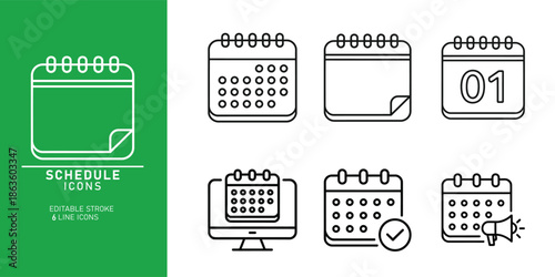 A collection of six schedule icons depicting various calendar and planner symbols on a green and white background for organization and time management purposes
