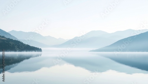 Mountain lake landscape with morning mist and copy space