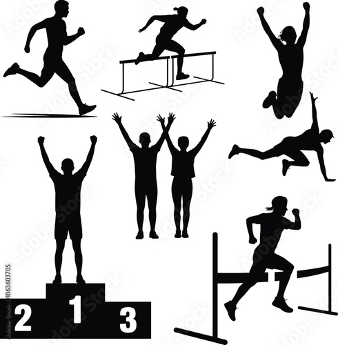 Sports silhouettes of athletes running jumping hurdles celebrating victory podium competition fitness training success concept illustration, for athletic achievement speed strength endurance 