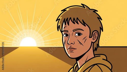 Young man with scars in desert landscape at sunrise concept of survival and resilience vector illustration