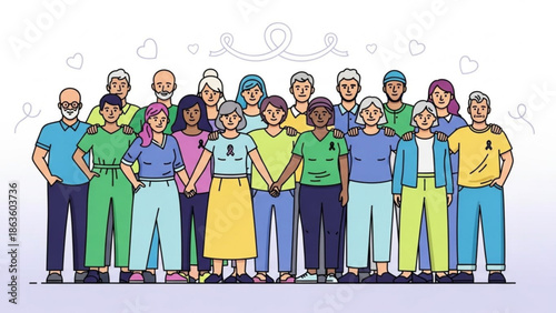 Diverse group of people representing different ages and ethnicities standing together illustration for community and unity concepts