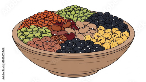 Assortment of dried beans and lentils in a bowl healthy food ingredients for cooking and nutrition isolated on white background