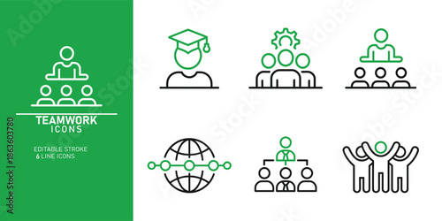 A collection of teamwork icons on a green and white background including symbols for collaboration education and global connection