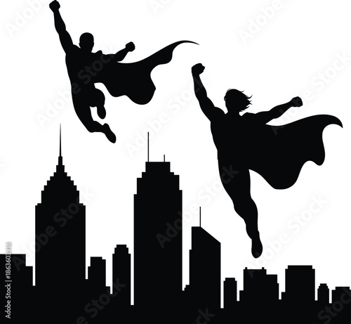 Superhero silhouettes flying over modern city skyline, powerful comic heroes soaring above urban buildings, black vector illustration, fantasy action concept, strength courage freedom