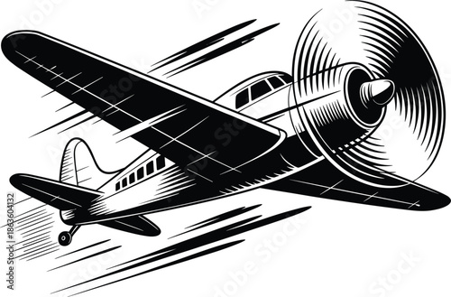 Vintage propeller airplane illustration, classic aviation aircraft flying fast, retro transport design, black and white vector art, motion speed lines, aviation history concept