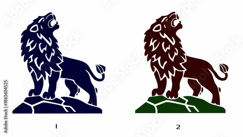 Majestic lion silhouettes in dark blue and brown standing proudly