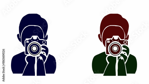 Photographer taking picture with camera in modern style