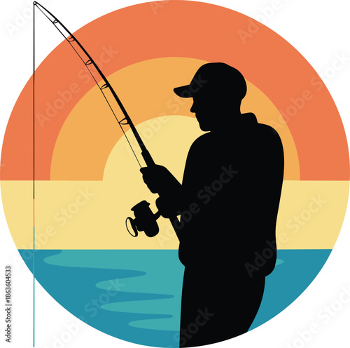 Silhouette of person fishing at sunset with colorful background