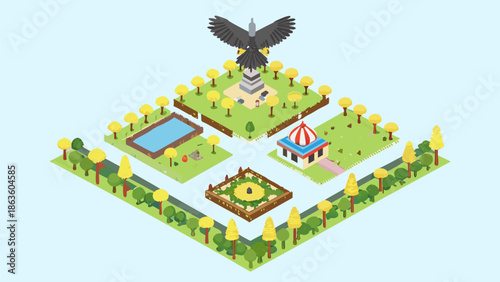 Vibrant park scene with statue and monuments in green spaces