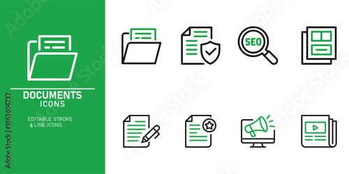A collection of document icons in a green and white color scheme with various symbols representing digital files and SEO concepts