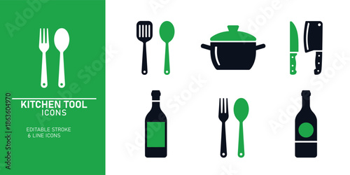 A collection of kitchen tool icons including utensils and cookware in green and black on a white background with a green banner