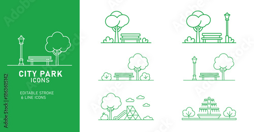 A collection of green line icons depicting various city park scenes and features on a white and green background