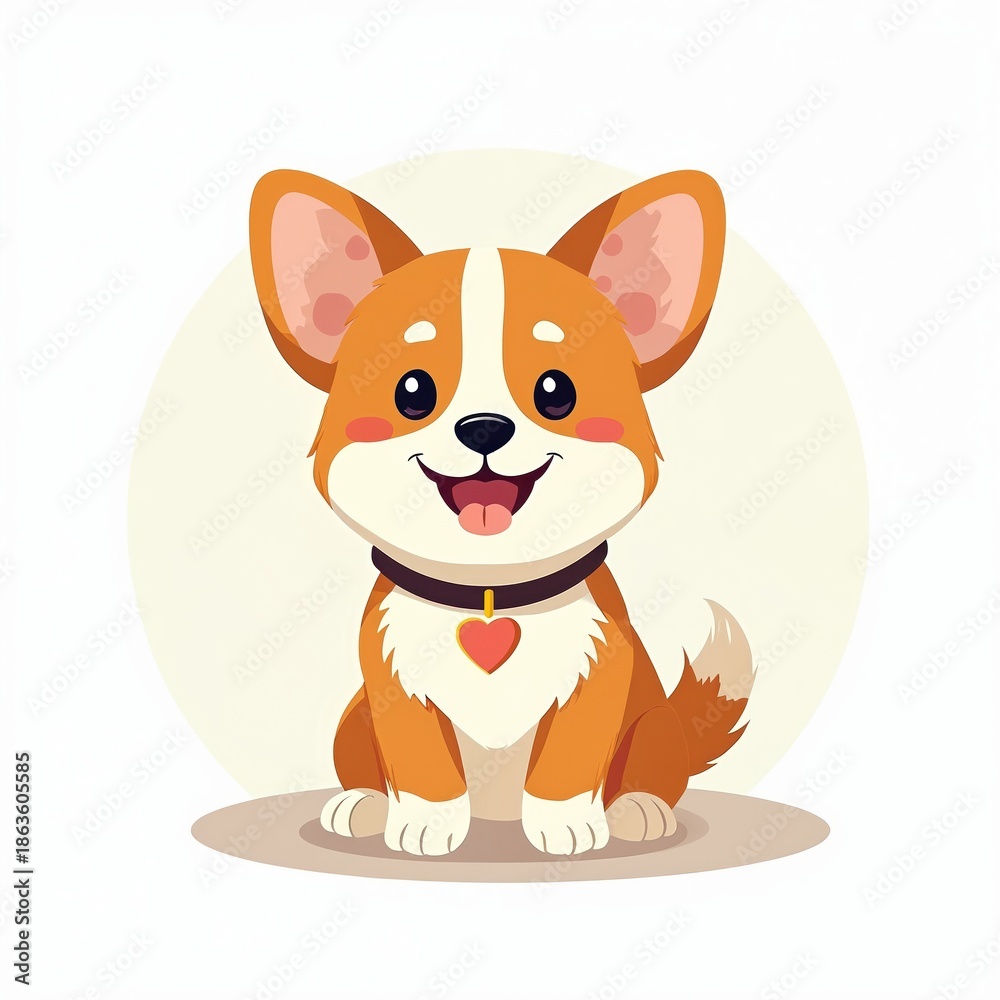 Fototapeta premium Cute corgi puppy smiles happily. Small dog wears collar with heart charm. Adorable pet illustration on white background. Canine friend sits with front paws resting.