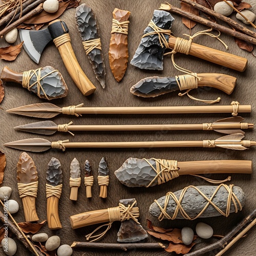 Assortment of prehistoric stone tools and weapons crafted from flint and wood are displayed on a natural hide surface