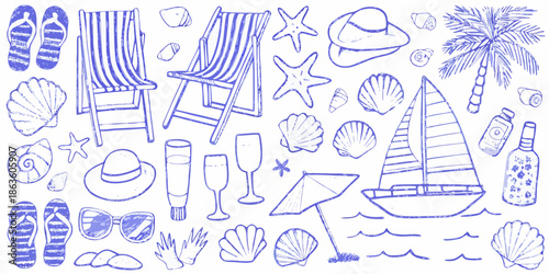 A collection of hand drawn summer beach elements in blue line art
