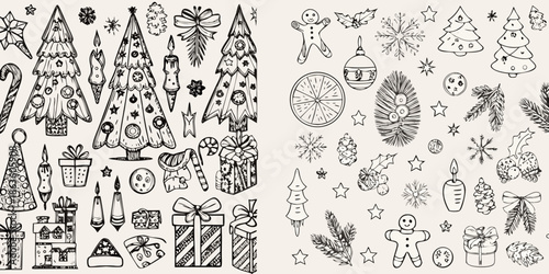 Charming hand drawn christmas illustrations with trees ornaments and festive holiday elements