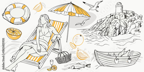 A summer beach scene with a woman sea elements and coastal motifs