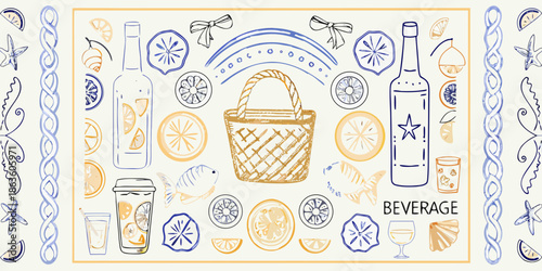 A charming illustration of a picnic basket with various fruits and beverages