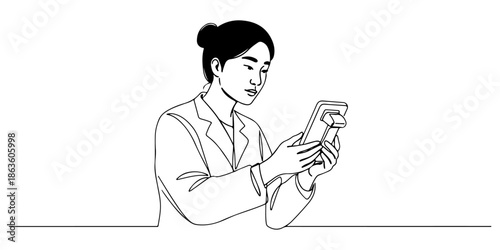 Continuous one line drawing of a healthcare professional examining a new medical device, symbolizing innovation in healthcare, line art style vector illustration.