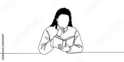 Continuous one line drawing of a student reading a book, symbolizing education, line art style vector illustration.
