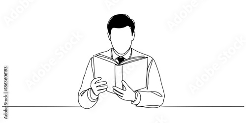Continuous one line drawing of a student reading a book, symbolizing education, line art style vector illustration.