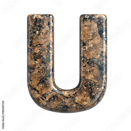 Top view of a 3D letter U made of brown antique granite isolated on a white transparent background