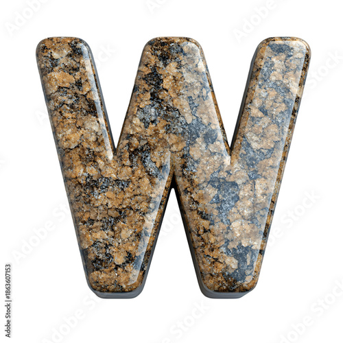 Top view of a 3D letter W made of brown antique granite isolated on a white transparent background