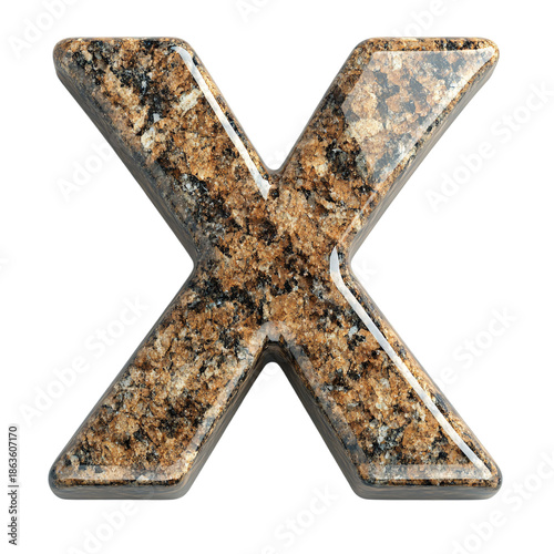 Top view of a 3D letter X made of brown antique granite isolated on a white transparent background