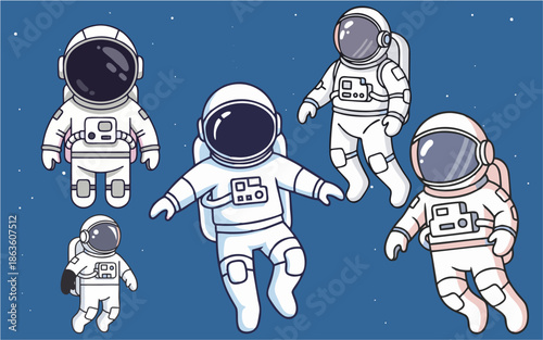 Playful collection of diverse cartoon astronauts in white suits, dynamically floating through the star-filled expanse of deep space, illustrating cosmic exploration and future adventures