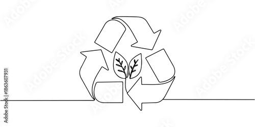Continuous one line drawing of a recycling symbol of three arrows with a leaf in the middle, depicting the concept of environmentally friendly recycling, line art style vector illustration.