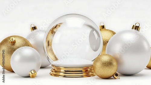Transparent globe surrounded by golden and silver spheres on white background