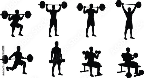 Weightlifting exercise silhouettes, strength training poses, gym workout illustration, fitness routine, barbell and dumbbell form, muscle group targeting