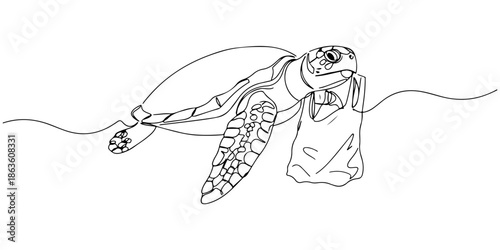 Continuous one line drawing of a turtle with a plastic bag, depicting the threatening ocean pollution, line art style vector illustration.