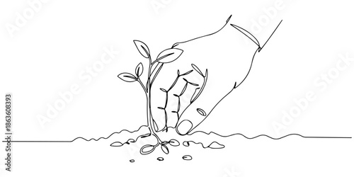 Continuous one line drawing of a hand planting seedlings into the soil, depicting the urban greening movement, line art style vector illustration.
