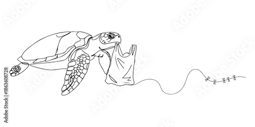 Continuous one line drawing of a turtle with a plastic bag, depicting the threatening ocean pollution, line art style vector illustration.