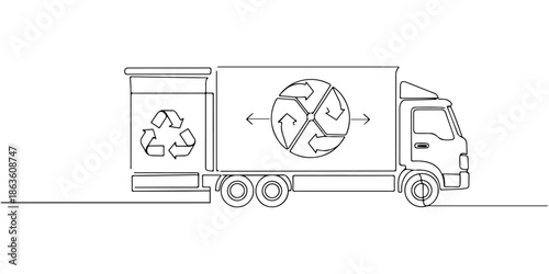 Continuous one line drawing of a truck transporting organic and inorganic waste with a separator icon, depicting a waste management system, line art style vector illustration.