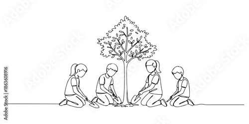 Continuous one line drawing of a child planting a tree with an adult, depicting environmental education from an early age, line art style vector illustration.