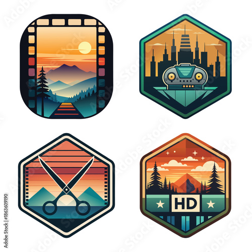 Creative Media Editing Graphic Set with Film Strip Mountain View, City Technology Badge, Video Editing Scissors over Sunset Mountains, and HD High Definition Nature Emblem Collage