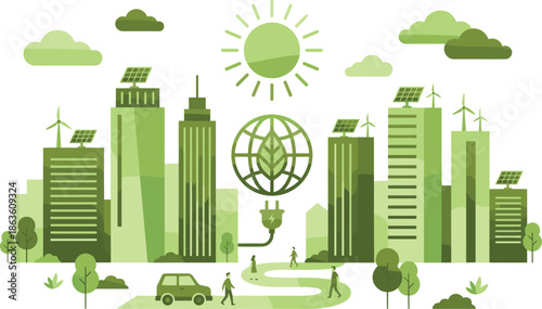 Eco smart city illustration, sustainable urban life concept, renewable energy buildings, green technology environment, future city design