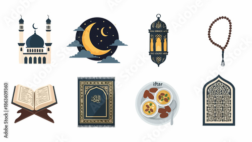 Flat lay illustration of various Islamic symbols and objects including a mosque, crescent moon, lantern, rosary, Quran, dates, and prayer mat on a white background.