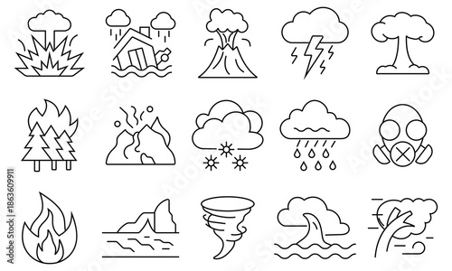 Natural disasters icon. Outline icon of natural disaster such as volcano, virus, flood, Tornado, fire, rain, pollution,  explosion, lightning, climate, storm, thunder and more. Vector illustration.