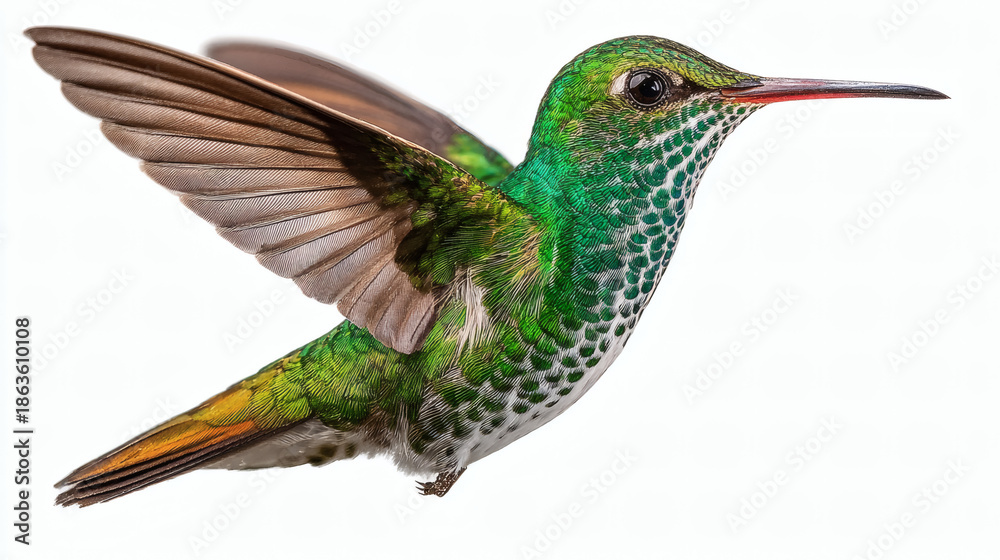 Fototapeta premium Green White Hummingbird Flying Wings