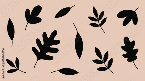 Collection of diverse black leaf silhouettes on muted beige background banner