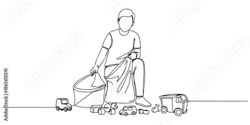 Continuous one line drawing of a person picking up toys from the floor, representing tidying and routine, line art style vector illustration.