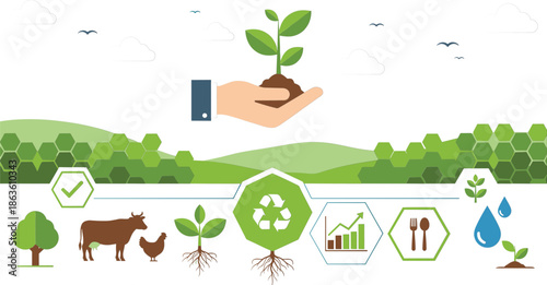 Sustainable agriculture illustration, eco-friendly farming, environmental conservation, plant growth, green ecosystem, food icons, nature care, organic practices