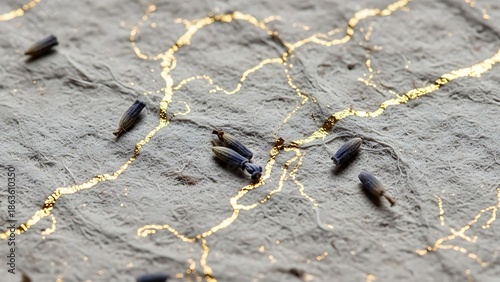 A close-up view of dried lavender buds resting on textured grey paper adorned with golden lines