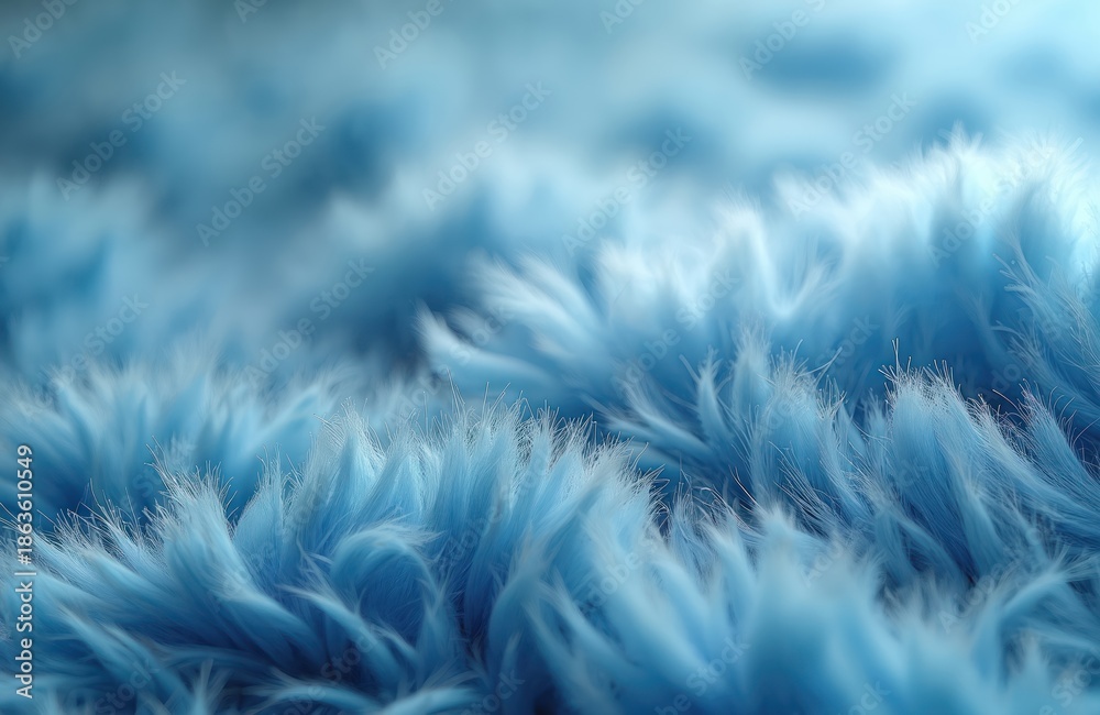 Fototapeta premium Closeup of plush blue faux fur rug texture. Soft fluffy fibers create a deep pile surface. Warm fuzzy textile provides cozy feel. This abstract pattern adds comfort and style.