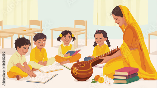 Teacher showing musical veena to kids in classroom during saraswati puja celebration