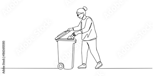 Continuous one line drawing of a person taking out the trash, representing daily responsibilities, line art style vector illustration.